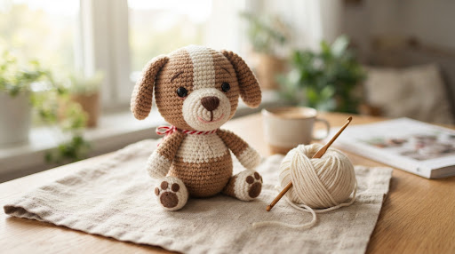 Amigurumi de cachorro usado como prévia visual