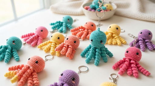 Chaveiros de polvo em amigurumi usados como prévia visual